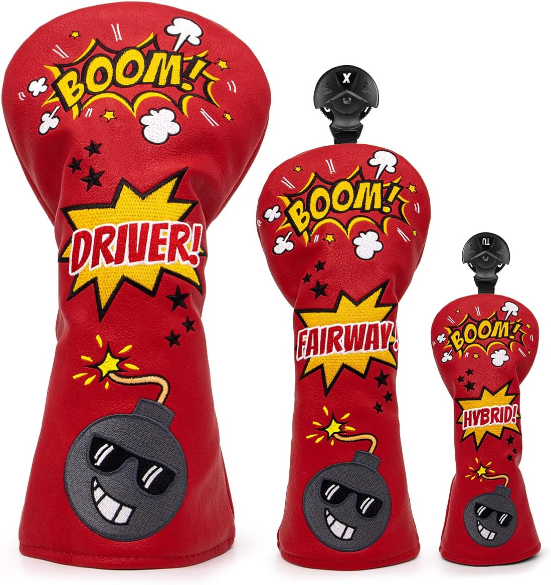 Golf Club Head Covers (BOOM!) โ 4 options available. Premium driver, fairway wood, and hybrid covers for golfers. Durable and stylish