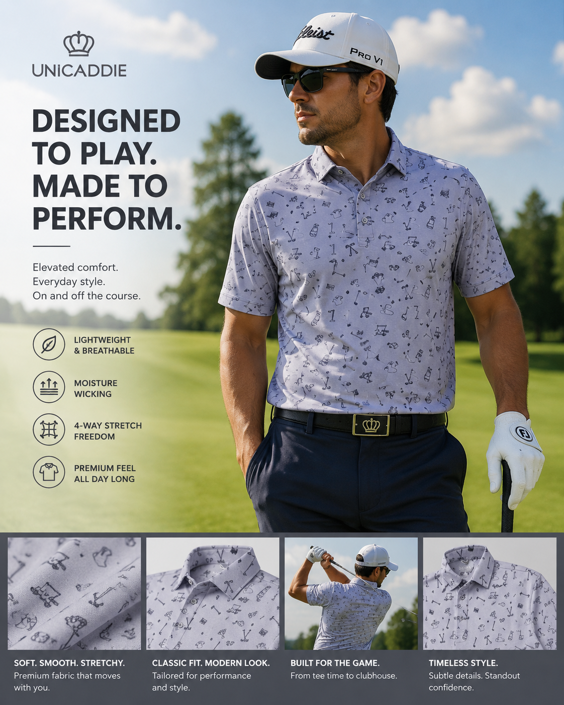 (Men) UniCaddie Ace Golf Polo β Crisp, Classic, Cool in White!