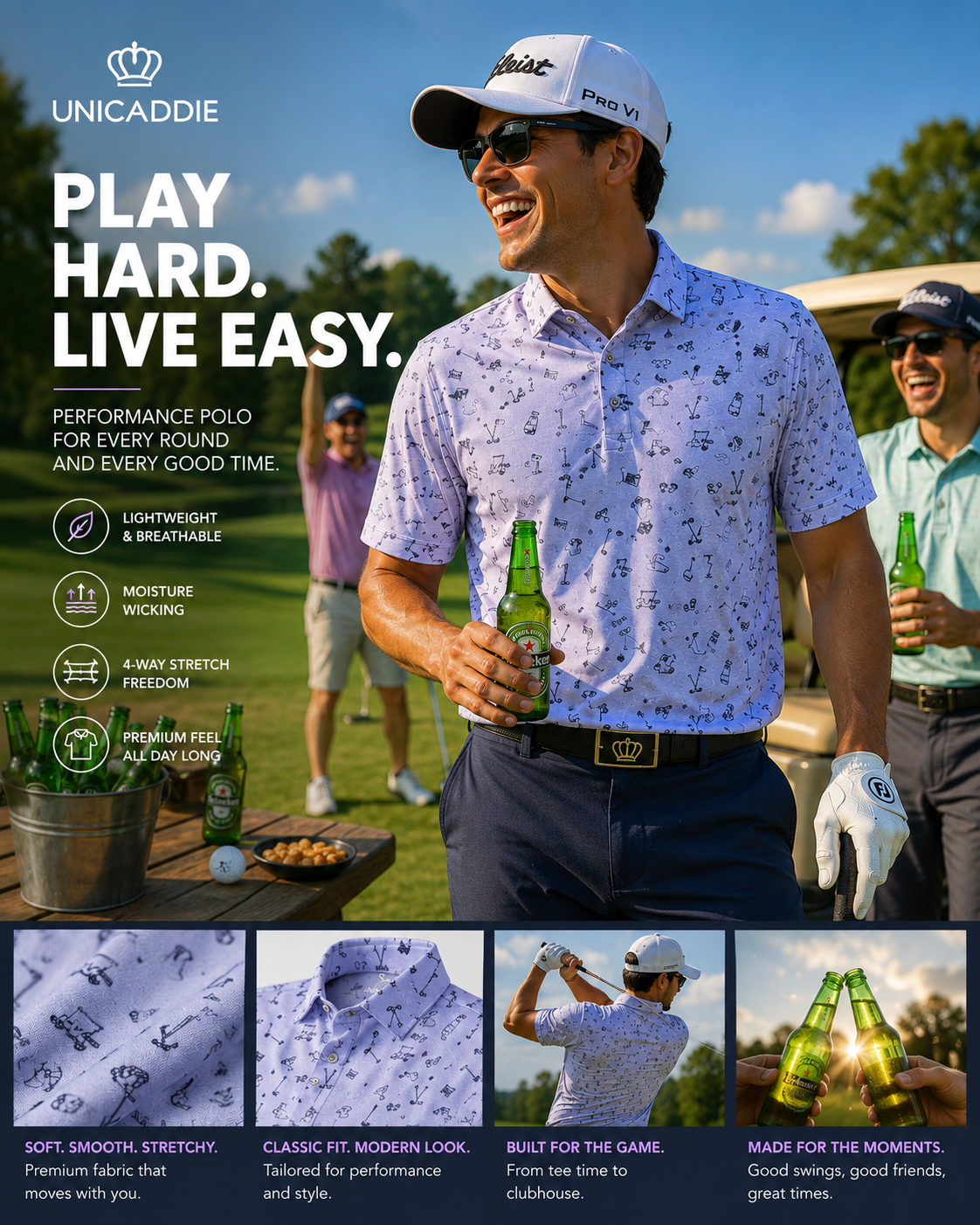 (Men) UniCaddie Ace Golf Polo β Crisp, Classic, Cool in White!