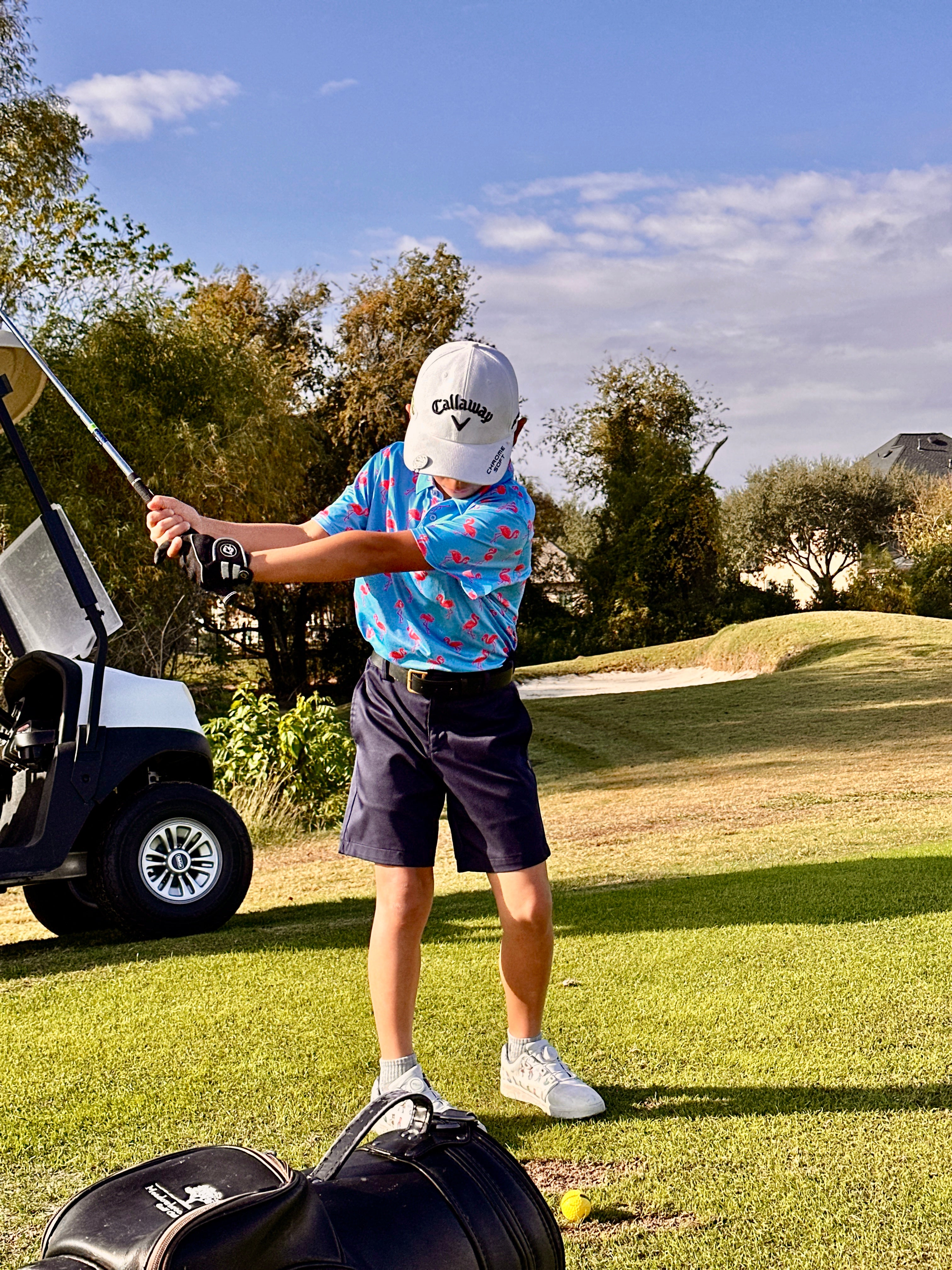 (Youth)Little Legends UniCaddie Golf Polo β Cyan Flamingo Blast Style!