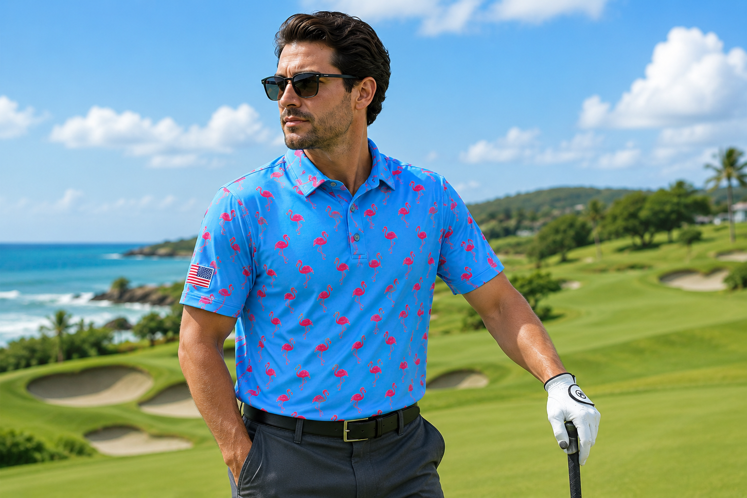 (Men) UniCaddie Ace Golf Polo – Crisp, Classic, Cool in Cyan Flamingo!