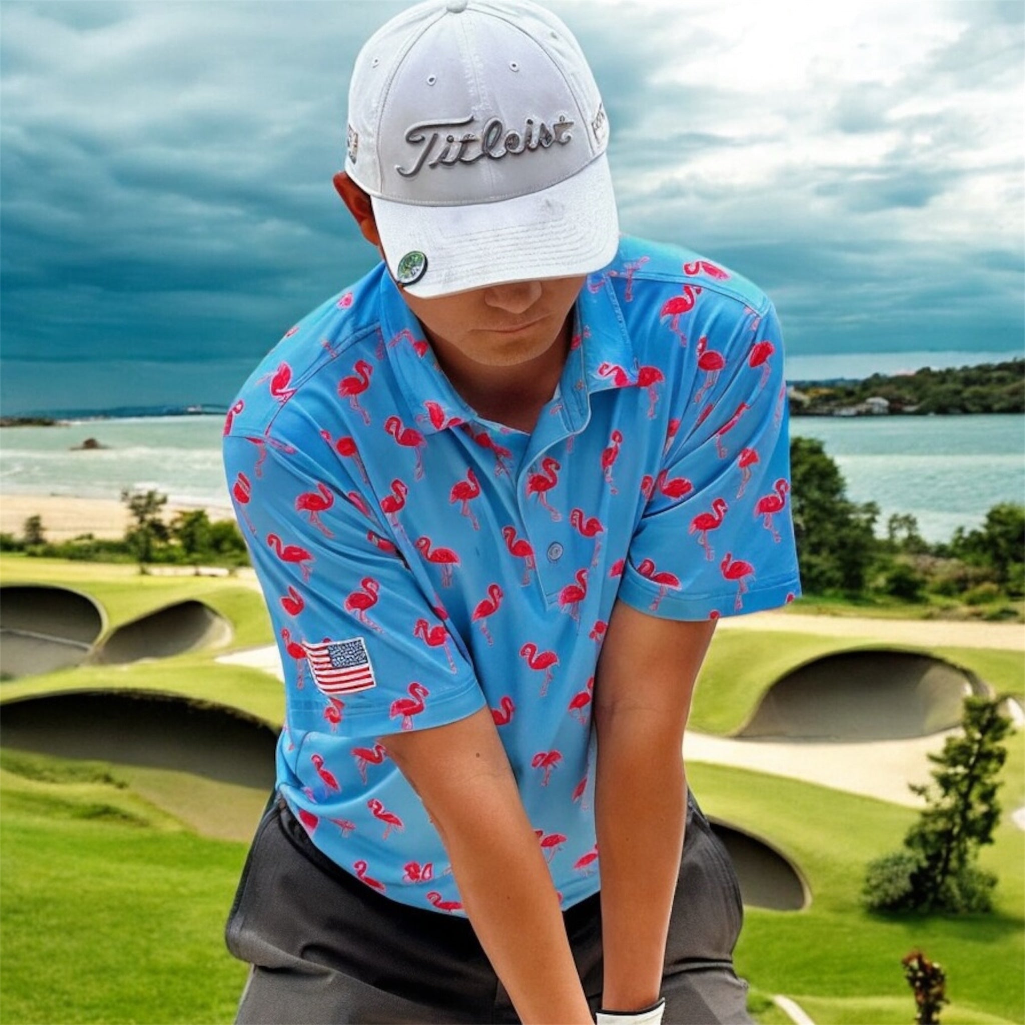 (Men) UniCaddie Ace Golf Polo – Crisp, Classic, Cool in Cyan Flamingo!
