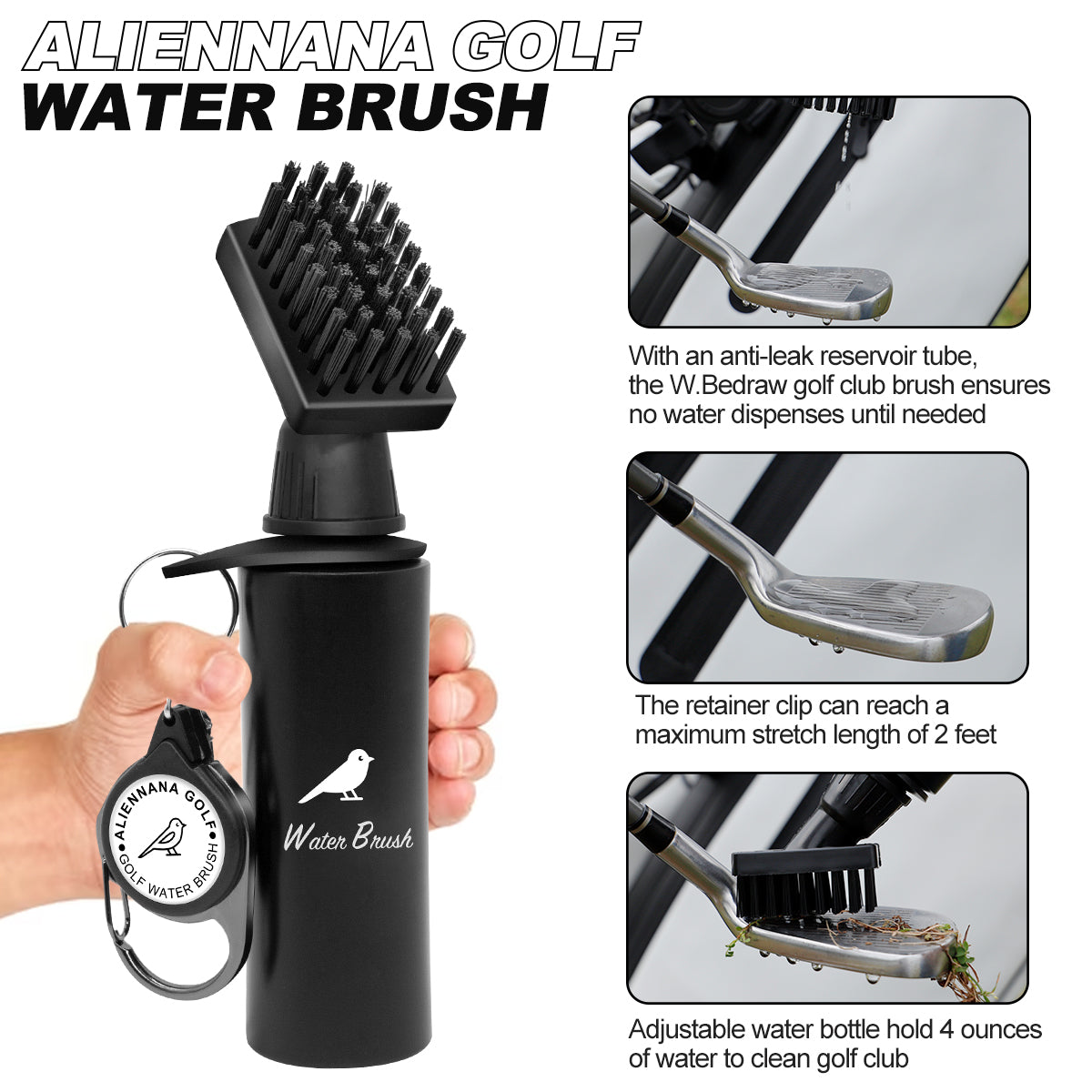 (Squeeze Type) Golf Club Cleaning Brush with Retainer Clip and Water Bottle – Leak-proof 4 oz reservoir. Essential for easy club maintenance and on-the-go cleaning