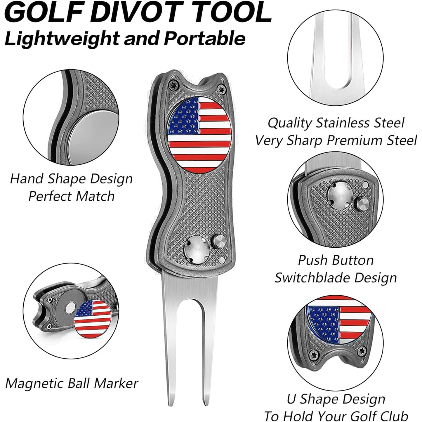 Golf Divot Repair Tool (American Flag) – Compact, Foldable Design with American Flag Golf Ball Marker for Easy Greens Maintenance and Proud Play