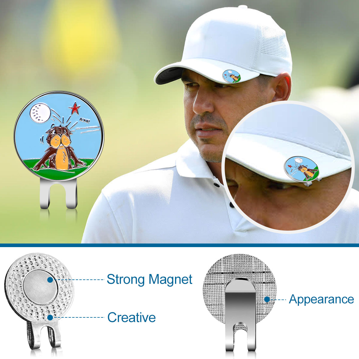 (Bonk!) Golf Ball Marker with High-Quality Magnetic Hat Clip – Durable, Strong Hold, and Easy Access on the Course