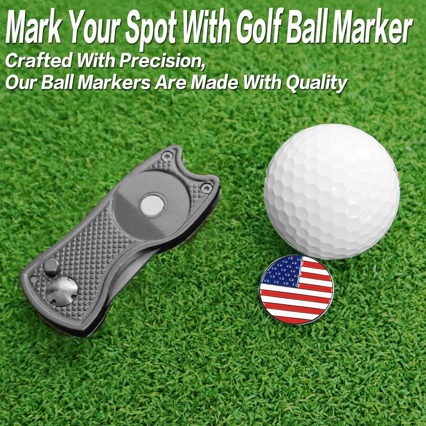 Golf Divot Repair Tool (American Flag) – Compact, Foldable Design with American Flag Golf Ball Marker for Easy Greens Maintenance and Proud Play