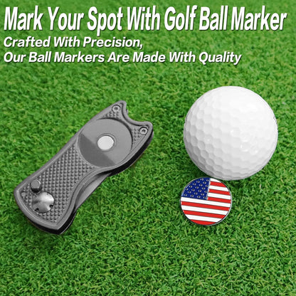 Golf Divot Repair Tool (American Flag) – Compact, Foldable Design with American Flag Golf Ball Marker for Easy Greens Maintenance and Proud Play