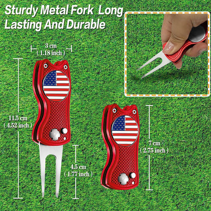 Golf Divot Repair Tool (American Flag) – Compact, Foldable Design with American Flag Golf Ball Marker for Easy Greens Maintenance and Proud Play