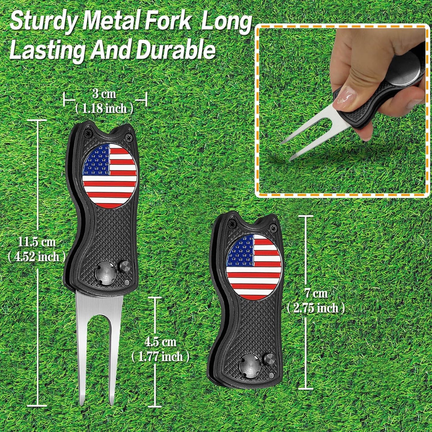 Golf Divot Repair Tool (American Flag) – Compact, Foldable Design with American Flag Golf Ball Marker for Easy Greens Maintenance and Proud Play