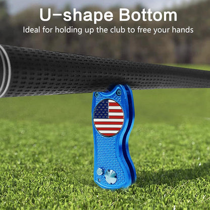 Golf Divot Repair Tool (American Flag) – Compact, Foldable Design with American Flag Golf Ball Marker for Easy Greens Maintenance and Proud Play