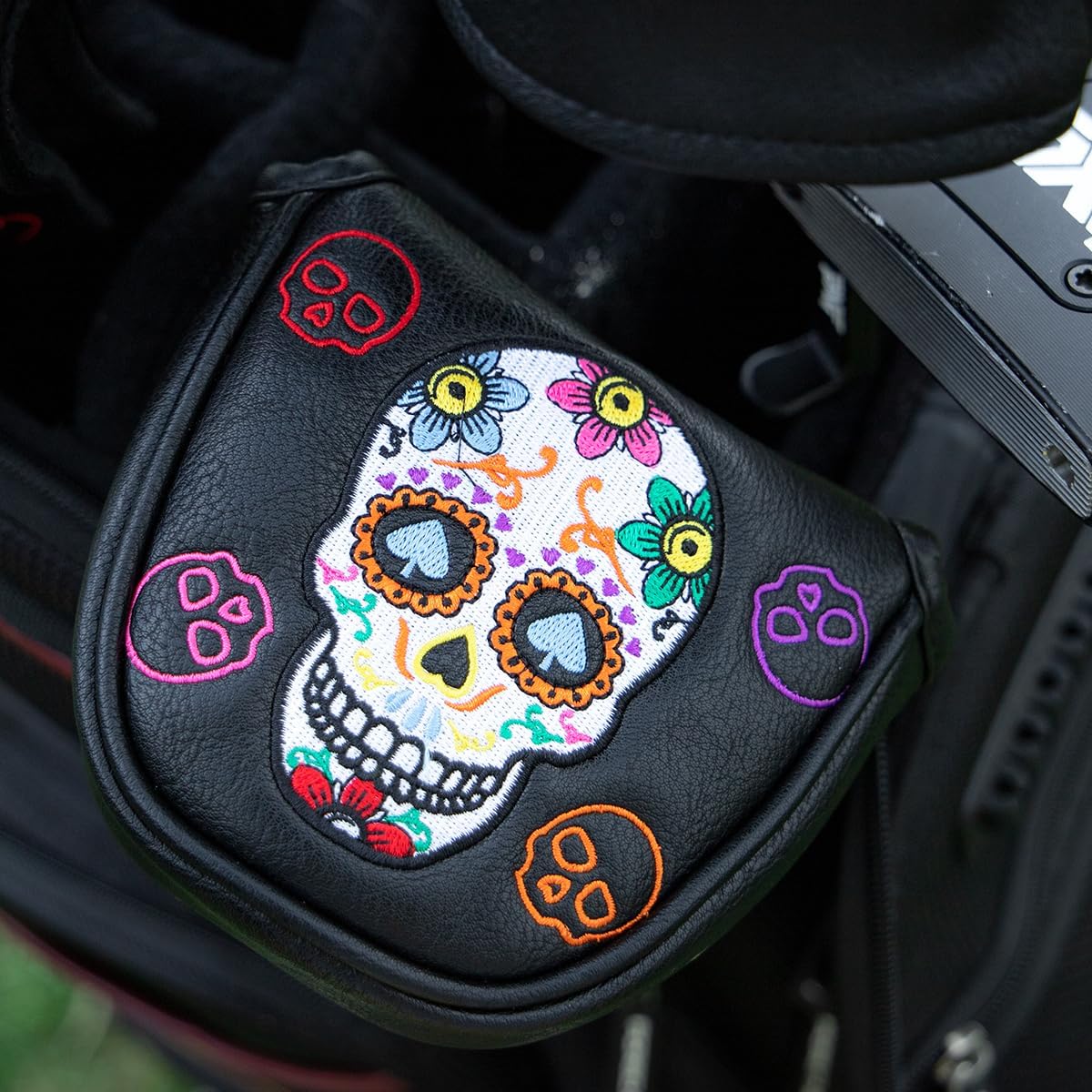 Premium Faux Leather Putter Cover (Sugar Skull- Mallet） – Durable, Soft, and Stylish Headcover with Magnetic Closure for Secure Fit. Protects Your Putter from Dings and Scratches