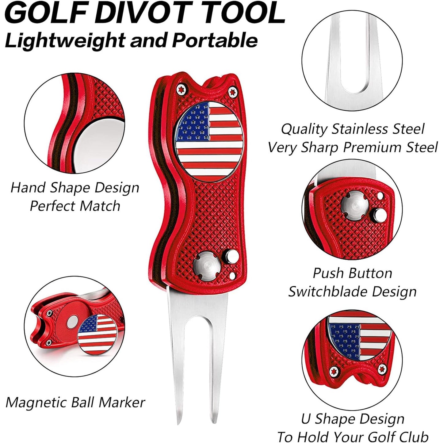 Golf Divot Repair Tool (American Flag) – Compact, Foldable Design with American Flag Golf Ball Marker for Easy Greens Maintenance and Proud Play