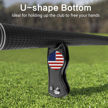 Golf Divot Repair Tool (American Flag) – Compact, Foldable Design with American Flag Golf Ball Marker for Easy Greens Maintenance and Proud Play