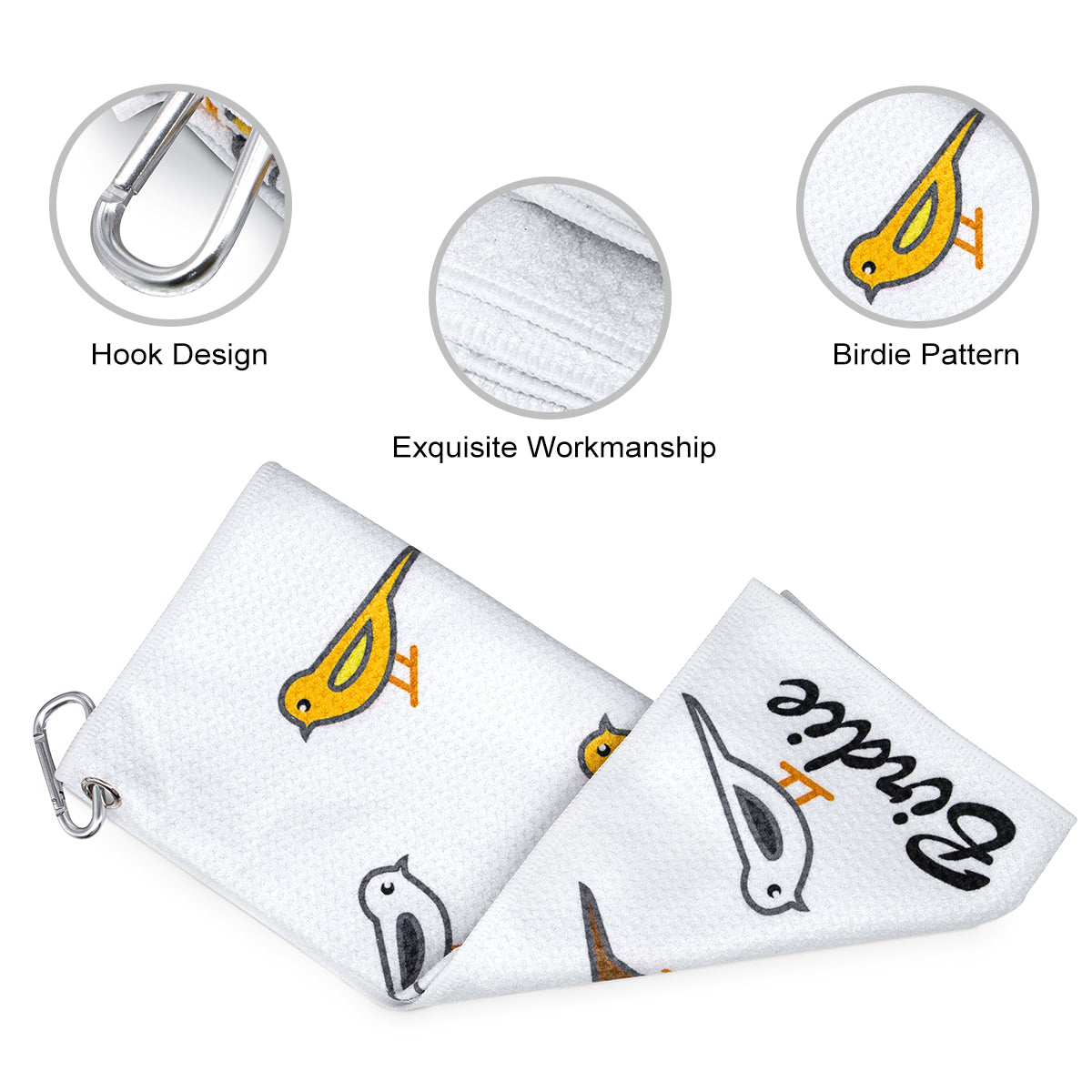 Microfiber Golf Towel (Birdie)with Quick-Dry Dual-Sided Design, Portable Carabiner, Gentle Cleaning, Durable & Easy-Care - Perfect for Golf- Premium Performance Towel